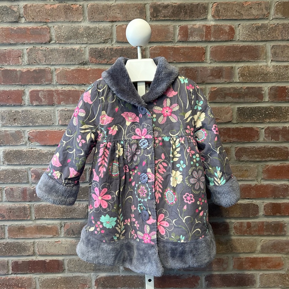Girls NWOT Size 4 Penelope Mack Corduroy Gray, Pink, Faux Fur Spring Jacket